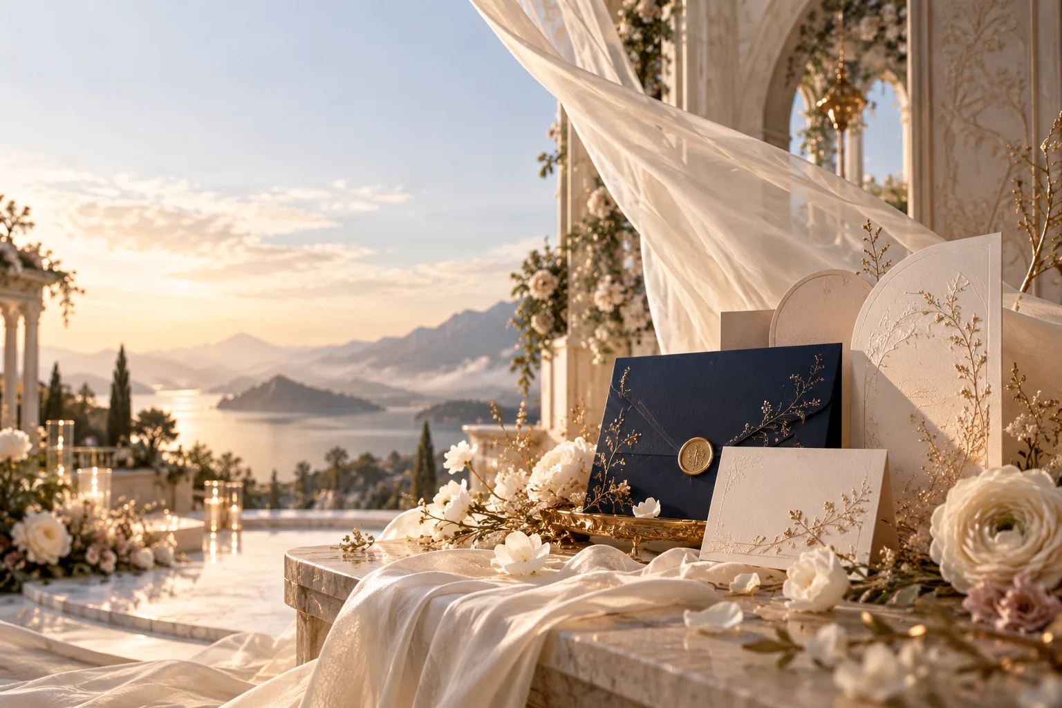 Set undangan elegan pada teras klasik saat matahari terbenam