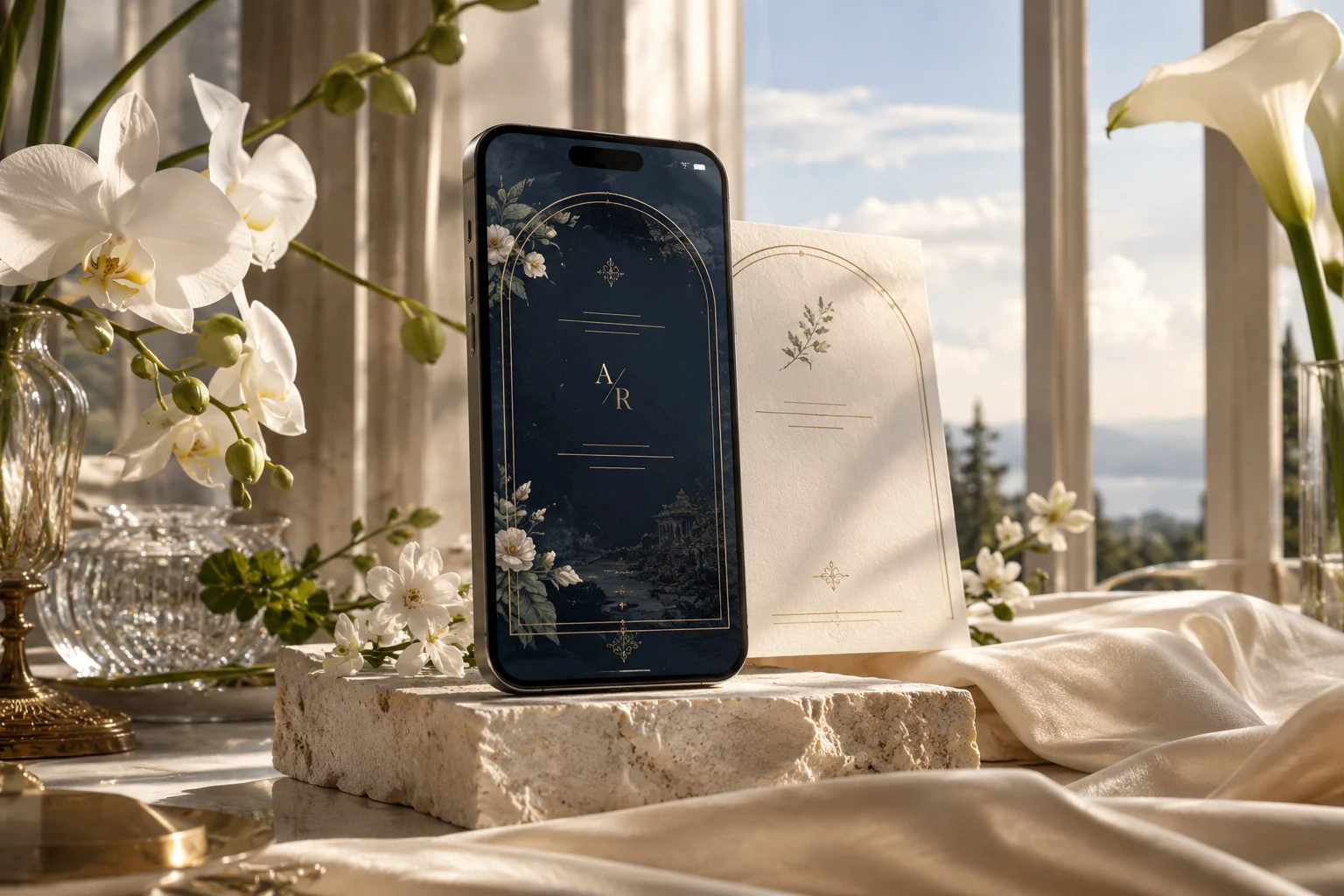 Undangan digital navy dan gold pada layar ponsel
